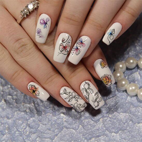 autocollant ongle fleurs aquarellées