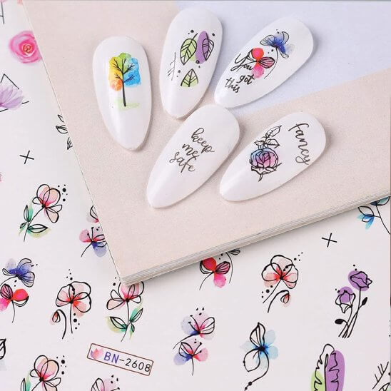 autocollant ongle fleurs aquarellées